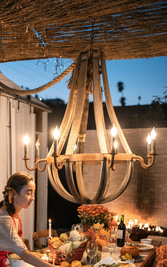 Large Wooden Teardrop Candlelight Chandelier